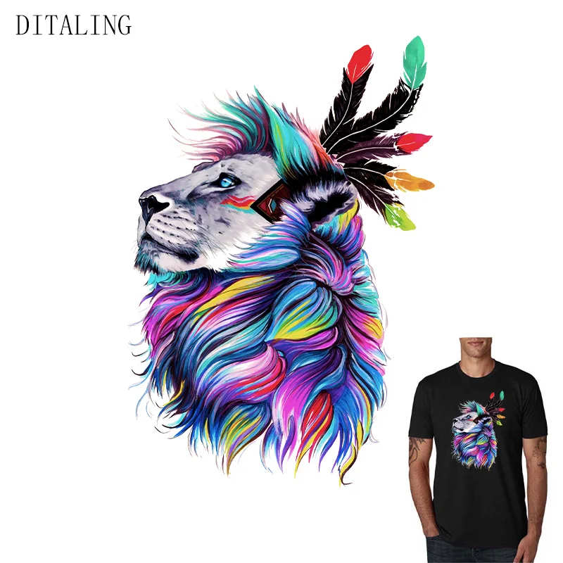 Animal Lion Patch Iron-On Transfers For Clothing Colorful Feather Thermo Sticker On Fabric Man Women Appliques Clothes | Дом и сад
