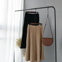 Эластичная трикотажная юбка с высокой талией, офисные элегантные юбки, осенние длинные юбки, корейская мода, уличная одежда, плиссированные юбки