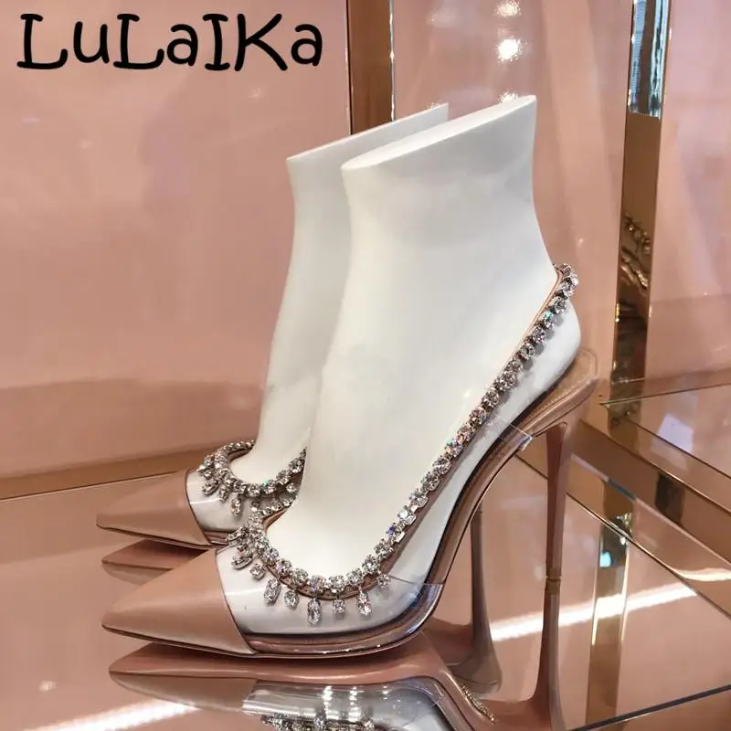 2020 Spring Summer Ladies PVC Transparent Crystal Sexy Word With Sandals Rhinestone Pink Stitching Fine Heel Banquet High Heels | Обувь