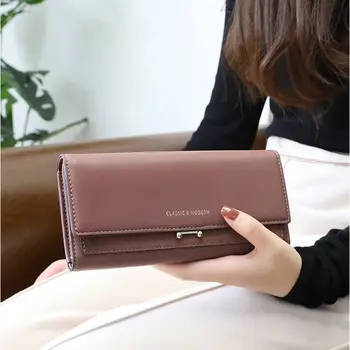

1 Pcs Fashion Female Long Clutch Wallet Triple Folding PU Leather Solid Color Purse Large Capacity Card Holder Wallet