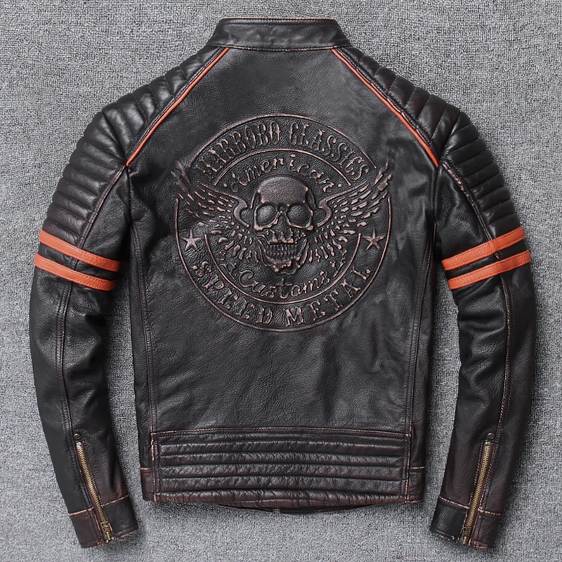 2020 Gratis Verzending. groothandel. straat Hot Motor Biker Echt Lederen Jas. schedel Afdrukken Koeienhuid Jas. vintage Slanke Jassen