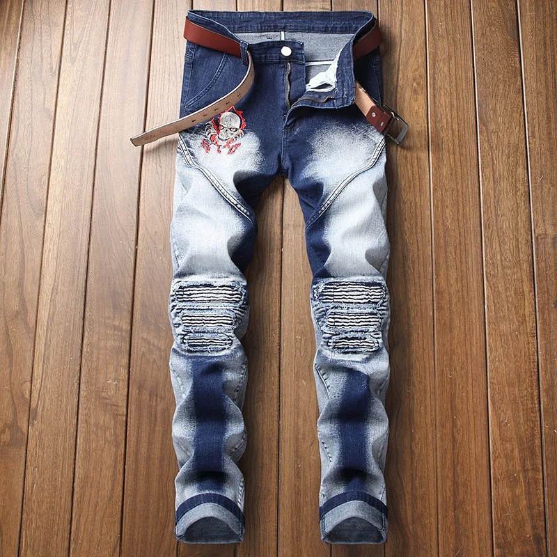 

Autumn & Winter Men Jeans Skeleton Pattern Embroidery Men Jeans Destroyed Straight Jeans Pants Plus Size Men Jeans Trousers