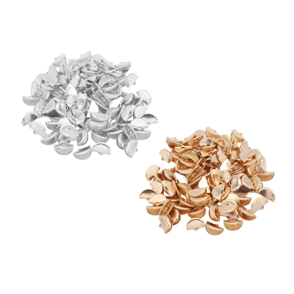 100Pcs Golden/Silver Half Round Ribbon Clamp End Crimps Cord Ends with Loop Jewelry Making Supplies, 2 Colors Available
