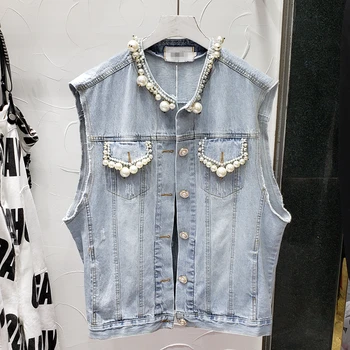 

2020 New Spring Summer Leeveless Vest Heavy Industry Nail Bead Loose Look Thin Jean Jacket Female Jeans Vest Casual Coats Women