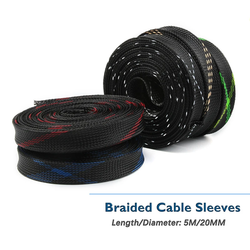 

5M Cable Wire Gland Protection 20mm 5 Colors Insulation Braided Sleeve Tight PET Expandable Cable Sleeve Wire Wrapper Protection