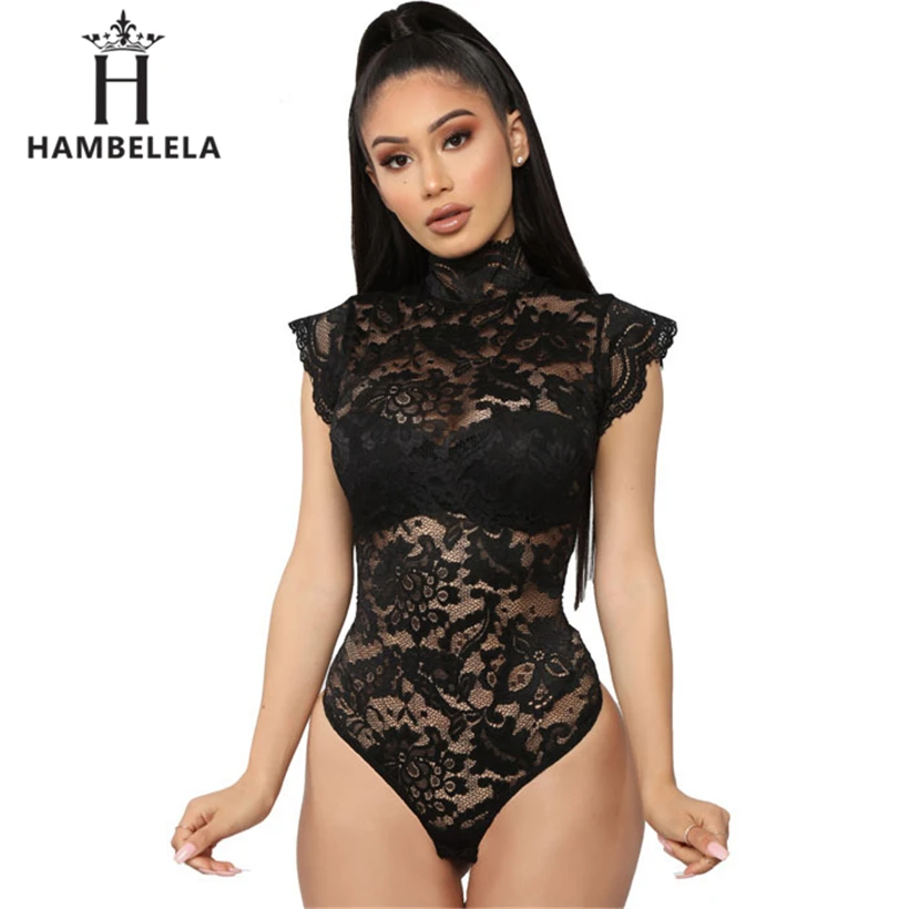 HAMBELELA Sexy Club Wear Hollow Out Lace Bodysuit Women High Neck Short Sleeve Lace Up Romper Skinny Feminino Bodycon Overalls (13)