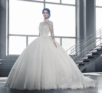 

Wholesale Luxury Long Sleeve Bridal Trailing Wedding Dress in Lace Shoulder