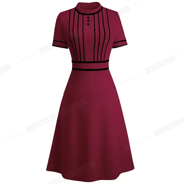 Nice-forever Summer Vintage Contrast Color Patchwork Elegant Dresses Business Formal Flare Swing Women Dress A245 5