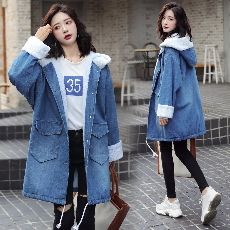 

Photo Shoot 2019 Winter Korean-style Large Size Students Mid-length Berber Fleece Hooded Brushed And Thick Jeans Coat Trench Coa