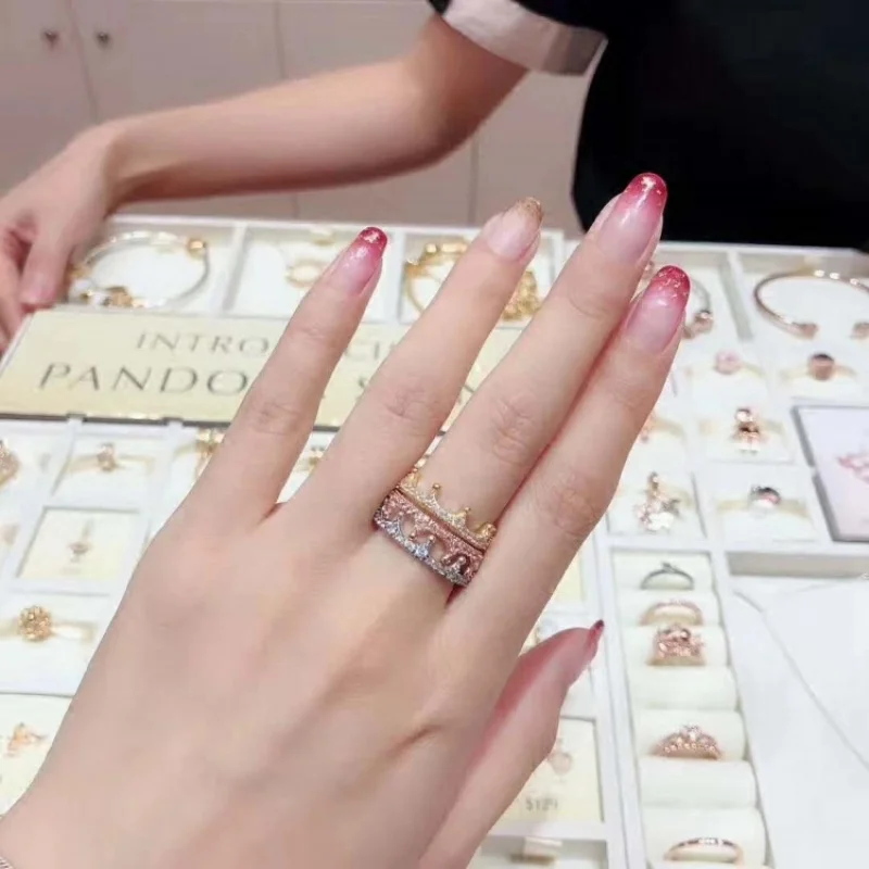 Стерлингового серебра 925 ювелирные изделия в стиле ретро; женские элегантные корона кольца, чтобы дать для девочек розового цвета с рисунком, набор из романтических, королевских, придворной, принцессы