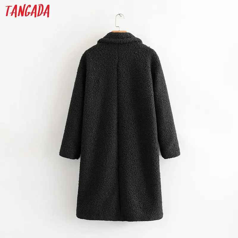 Tangada Elegant Winter Women black teddy Long Coat Jacket pocket buttons long sleeve Casual solid Overcoat HY187