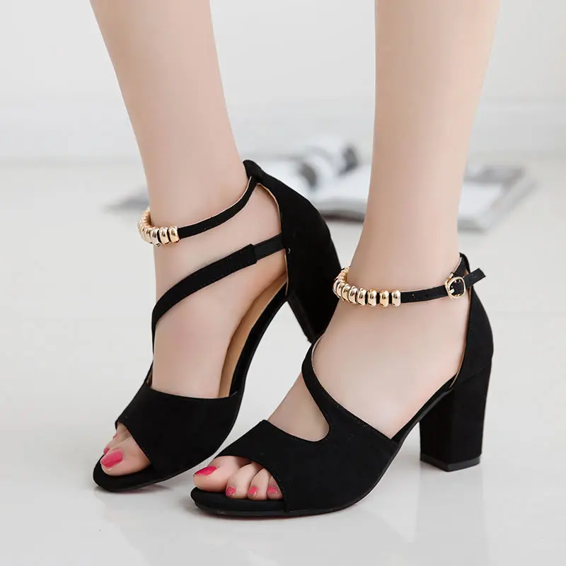 

2018 Summer New Style Sandals Women's Versatile Straight-line Buckle Fish Mouth Chunky-Heel Fashion Man-made Diamond WOMEN'S Sho
