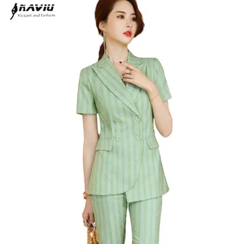 

Green Vetical Stripe Pants Auit New Summer Fashion Temperament Short Sleeve Casual Blazer and Trousers Office Ladies Work Wear