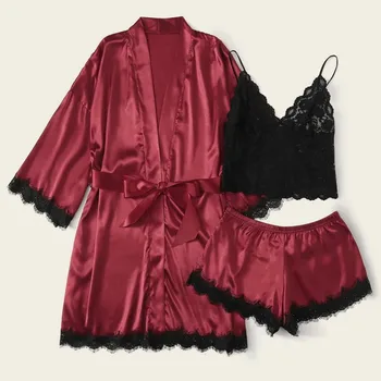 

Fashion Satin Silk Pajama Sets Women Lace Sleeveless Tops Short Lingerie Kimono Bathrobe Underwear Sleepwear Sexy Nightwear#g3