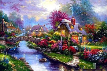 

JMINE Div 5D Flower Landscape Country house River Bridge Full Diamond Painting kits art Scenic 3D paint by diamonds