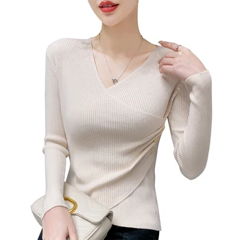 

New-coming Autumn Winter V-Neck knit Pullovers Sweaters Shirt Solid Long Sleeve Short Bottoming Korean Slim knitted sweater Top