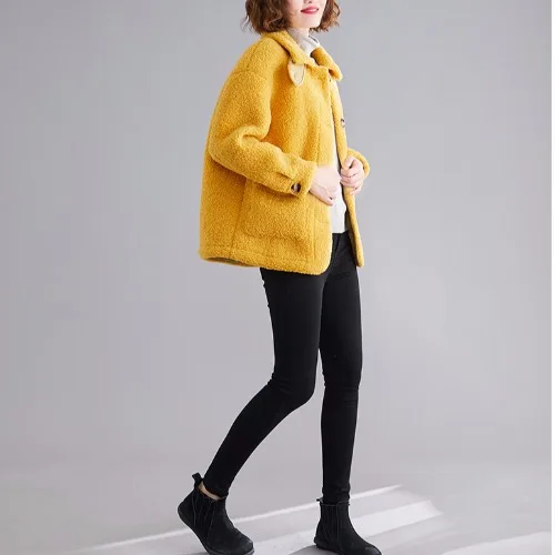Yellow Осенне-зимнее теплое пальто из искусственного кролика Рекс, плюшевый мишка для женщин, большие размеры, куртка большого размера, элегантная длинная - Цвет: Yellow
