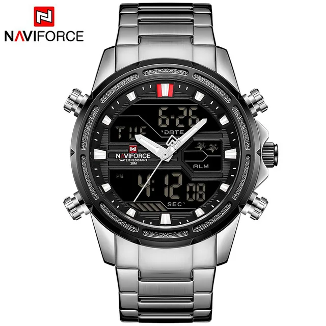 white black NAVIFORCE, люксовый бренд, мужские спортивные часы, мужские кварцевые, светодиодный, цифровые часы, мужские, полностью стальные, военные наручные часы, Relogio Masculino - Цвет: white black