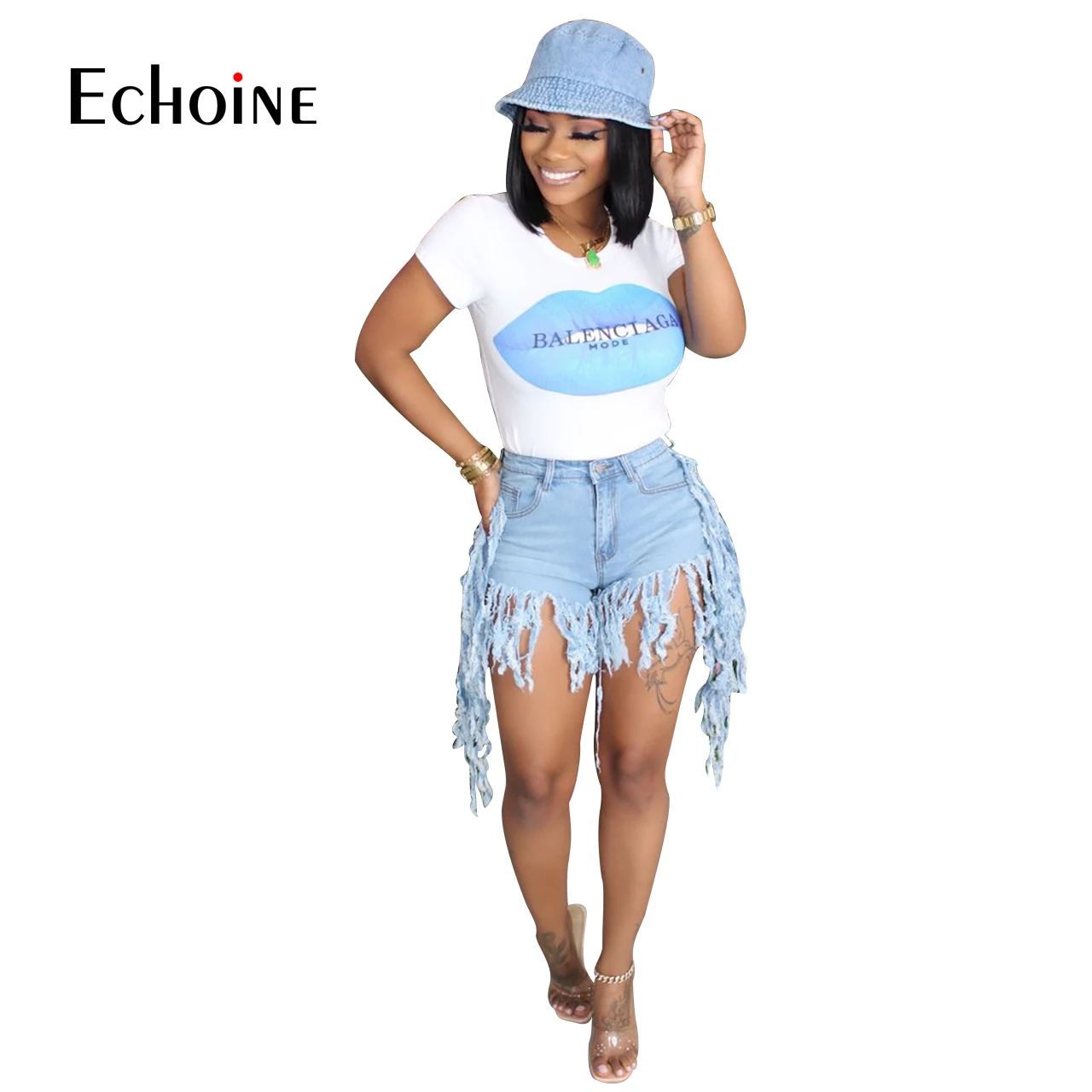 

Echoine 2020 Women Summer Shorts Jeans Tassel High Waist Casual Zipper Fly Jeans Street Night Club Denim Shorts Skinny Plus Size