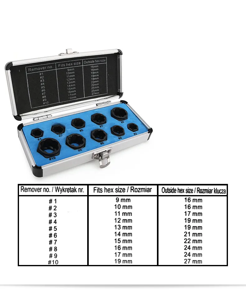 10 шт. набор поврежденных гаек болт Съемник шпилек съемник(9-19 мм) сломанный болт Удаление Комплект черный метрический