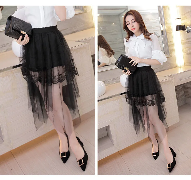 

Summer New Style Mesh Skirt Irregular Lace Transparent Skirt shuang ceng sha Medium-length Dress