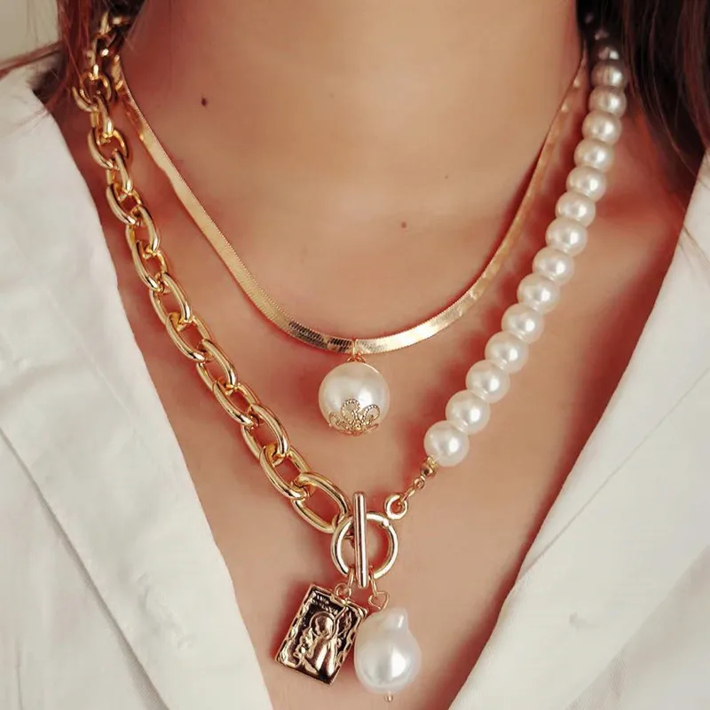 Fashion 2 Layers Pearls Geometric Pendants Necklace For Women Gold Metal Snake Chain New Design Jewelry Gifts | Украшения и
