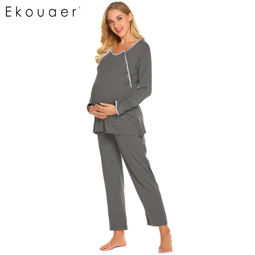 Ekouaer, женские пижамы, одежда для сна с круглым вырезом, короткий рукав, пэчворк, топы, длинные штаны, пижамный комплект, женская осенняя одежда для сна