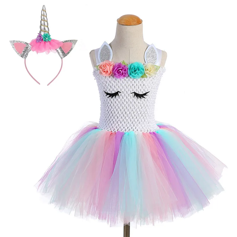Rainbow 2 pcs Волос+ платье-пачка для девочек с единорогом детское праздничное платье принцессы с цветами радуги Карнавальный костюм для девочек на Рождество и Хэллоуин - Цвет: Rainbow 2 pcs
