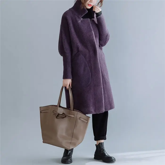 Зимняя женская Свободная шерстяная куртка большого размера, пальто из искусственного меха норки и кашемира, длинное однотонное плотное теплое пальто-кардиган f2228