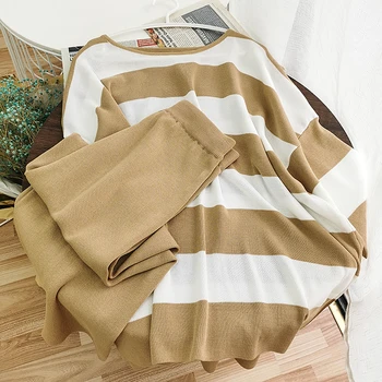 

Korean Chic Women Knit 2pcs Set Elegant Round Neck Pullover T-shirt + Elastic High Waist Calf-length Pants Two Piece Set Female