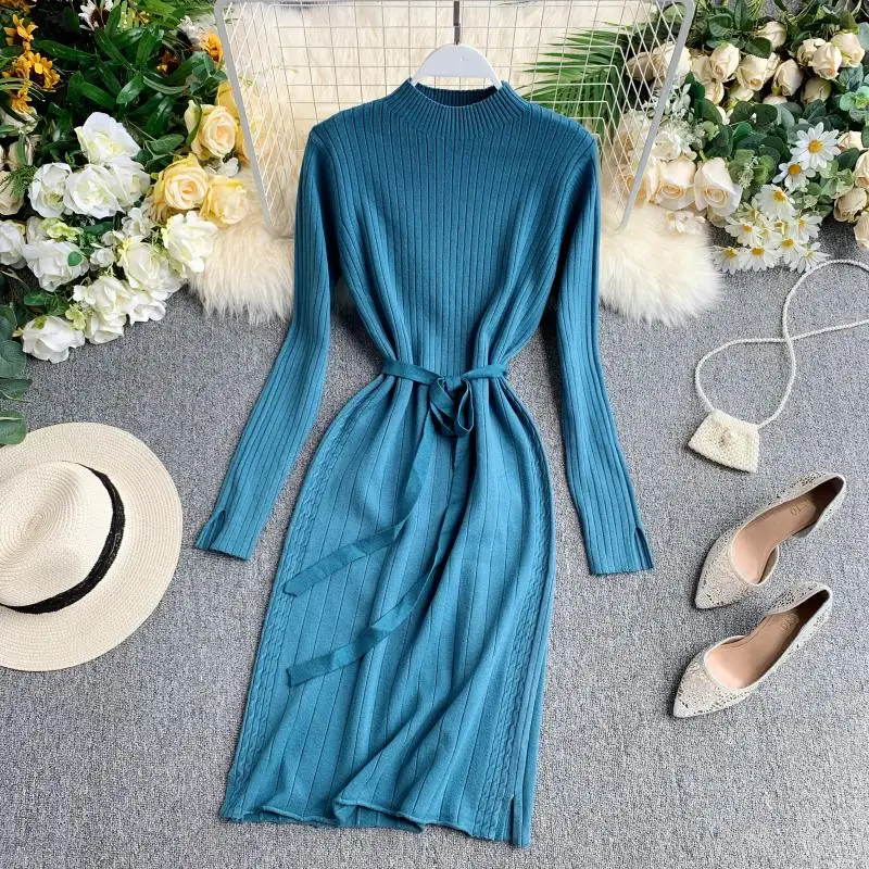 ALPHALMODA толстые теплые вязаные платья с длинными рукавами и поясом осенние Изящные женские однотонные облегающие вязаные нижние платья наряд