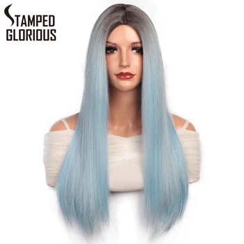 

AISI HAIR Ombre Blue Straight Long Wig Natural Synthetic Hair For Black Women Heat Resistant Fiber Cosplay Party Wigs