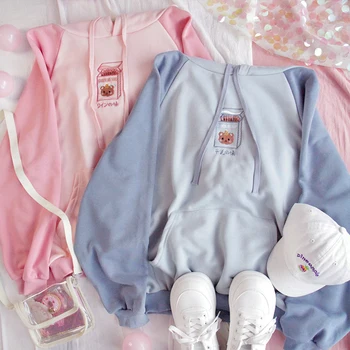 

Women Kawaii Harajuku Lolita Sweatshirt Female Japanese Blue Cute Bear Hoodies Sweet Embroidery Cartoon Pink Hooded Sweatshirt