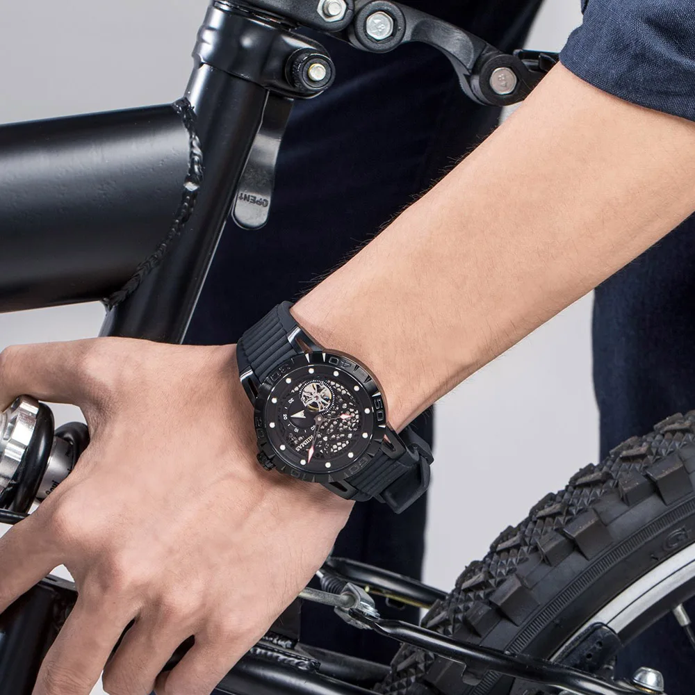 Мужские спортивные автоматические часы с скелетом, Роскошные Силиконовые Мужские механические часы из нержавеющей стали, водонепроницаемые часы MIYOTA 82S5