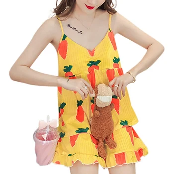 

Summer Pajamas Set With Chest Pad Suspenders Pijama Suit Sweet Sexy Two-Piece Home Service Vetements Femmes