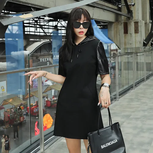 Genuine Leather Dress Black Minimalist Short Sleeve Drawstring Hooded Dress Women Autumn Casual Solid Pocket Straight Dresses - Color: Black