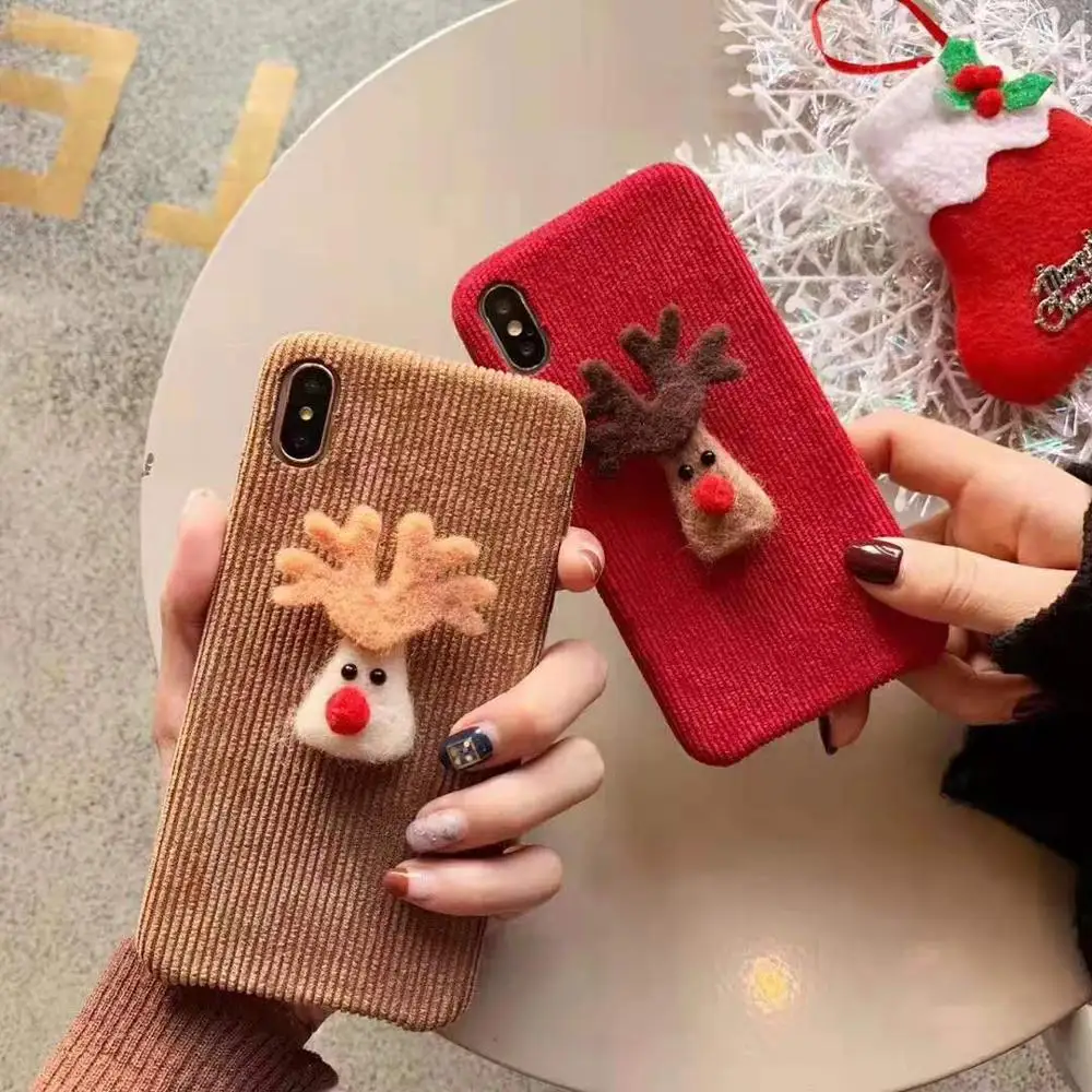 

Plush Fabrics 3D elk Phone Case For iphone Xs max XR X 7 8 6 6S plus Case Cloth Texture Soft Christmas Back Cover Capa Fundas