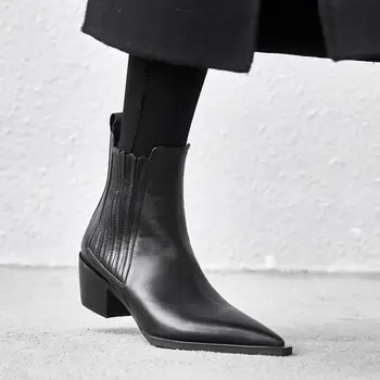 

Luxury brand thick med heel winter shoes women's ankle boots cow leather concise design office lady Chelsea boots zapatos mujer