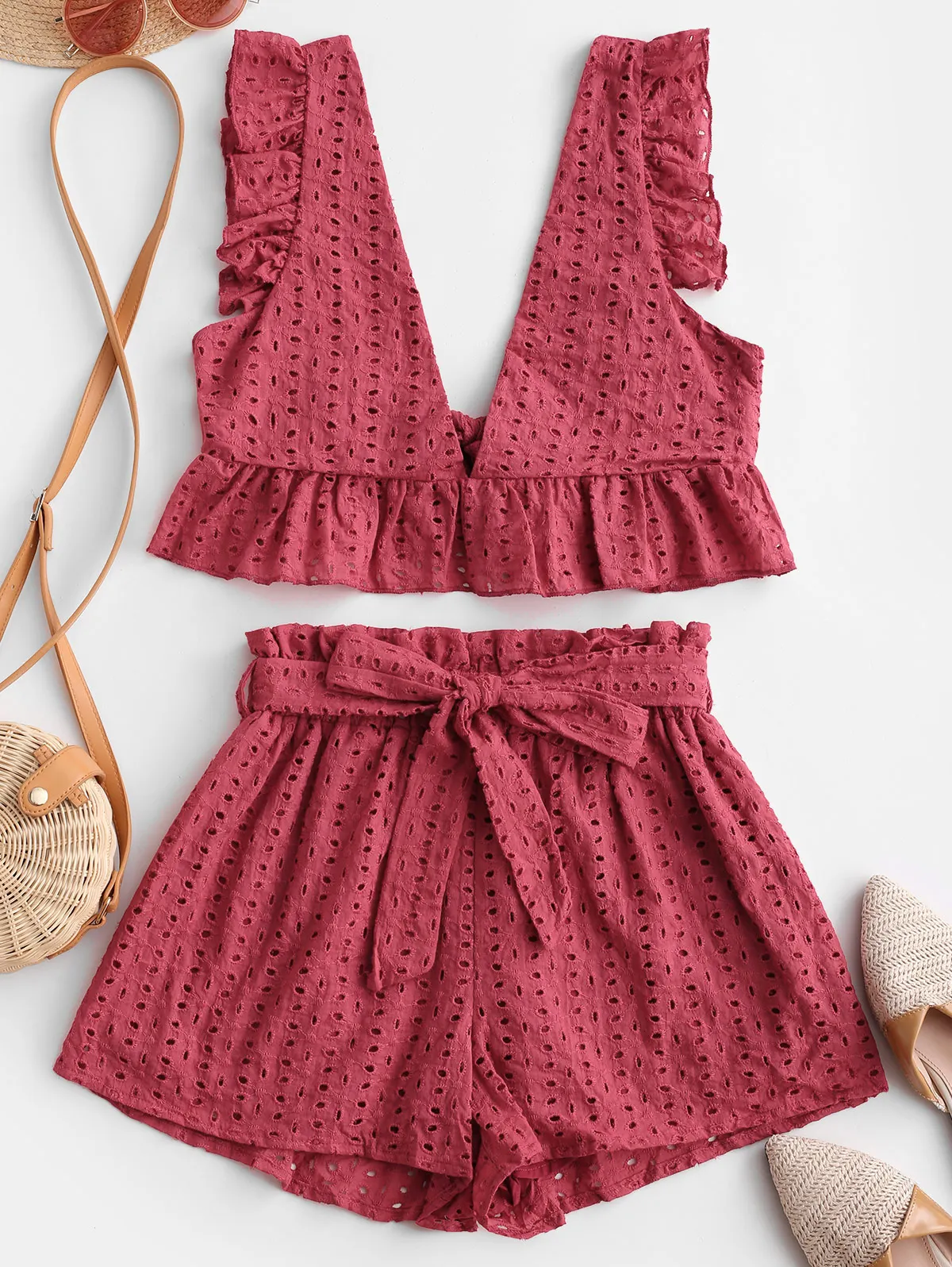 ZAFUL Eyelet Plunge Belted Wide Leg Shorts Set Sleeveless Women Solid Elastic High Waist Ruffles Belted Two Pieces Sets