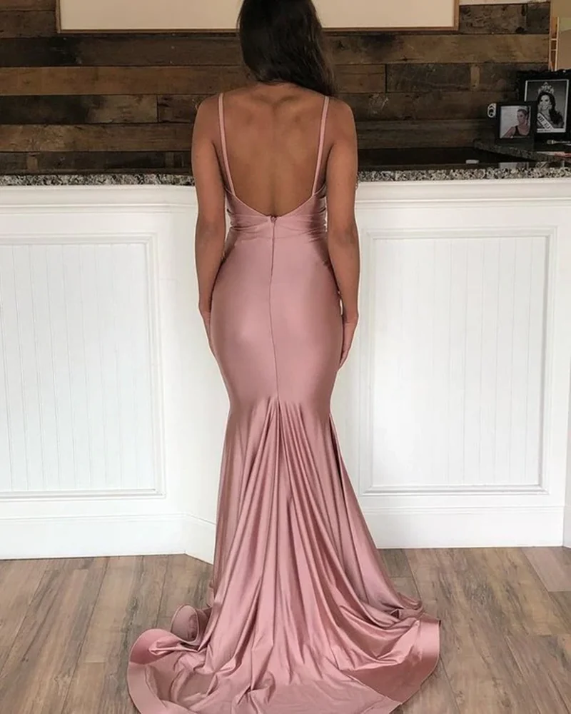 Элегантные вечерние платья Длинные Русалка Спагетти ремни Robe De Soiree V шеи спинки Формальные развертки Поезд платья выпускного вечера на заказ