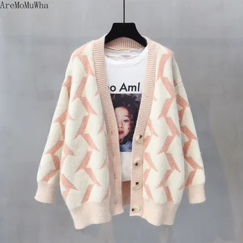 

AreMoMuWha 2019 Autumn New Sweater Coat Female Korean Version of The Loose Retro Autumn New Wave College Wind Cardigan QX1218
