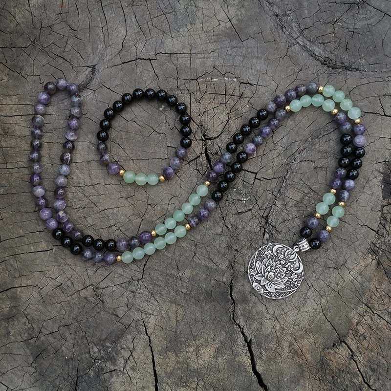 8mm Amethyst,Green Aventurine Japa Mala Set,Lotus,Meditation Mala, Namaste Yoga Jewelry,Buddhist Mala Prayer Bead,108 Beads
