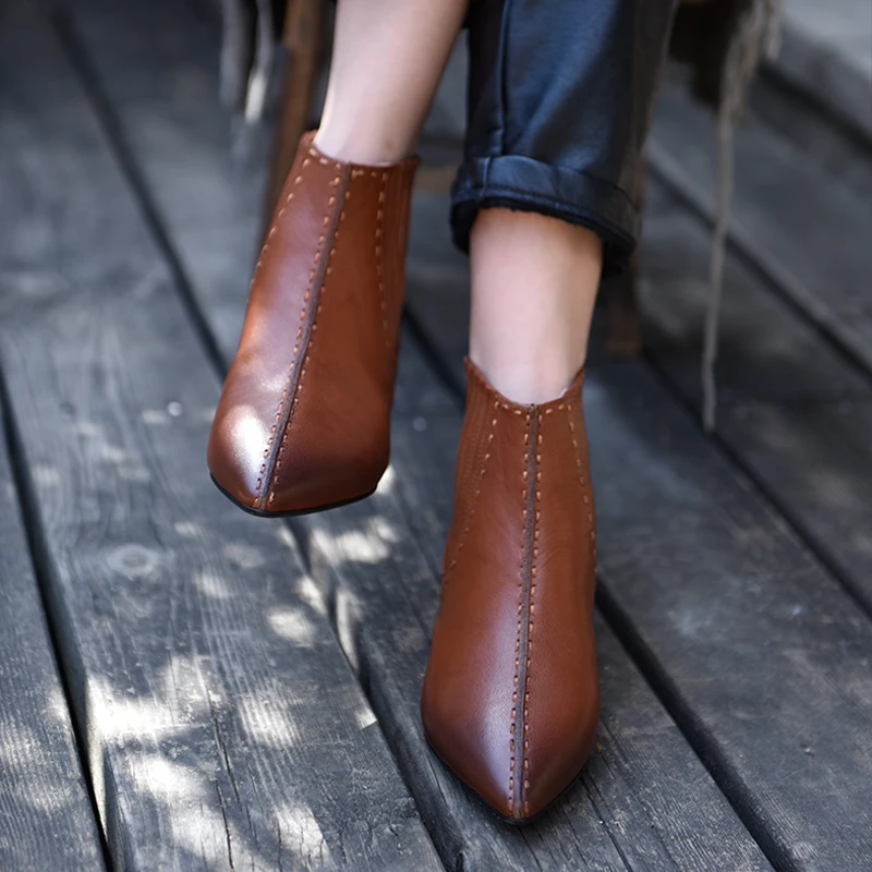 Artmu de Punta puntiaguda para mujer, botines originales de cuero genuino, cortos, botas de tacón grueso|Botas hasta el tobillo| - AliExpress