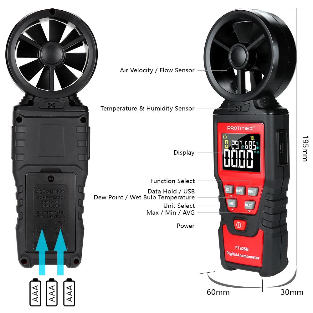 PT625B цифровой анемометр Скорость Ветра Скорость воздуха измеритель скорости с температурой влажности точки росы температуры и USB контроль данных