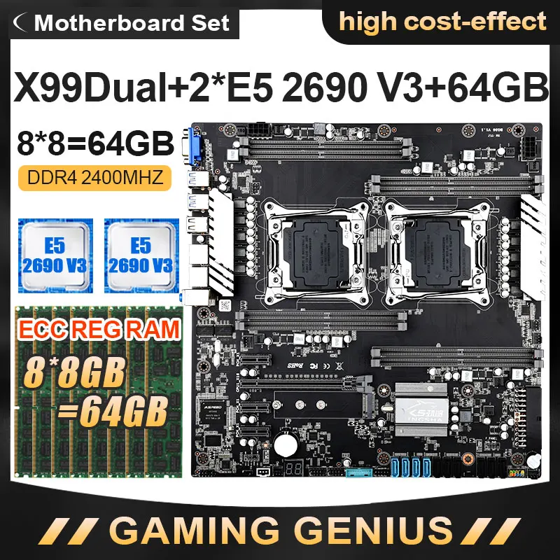 Комплект материнской платы X99 с 2 процессорами Xeon E5 2690 V3 ЦП и память 64 Гб (8*8 ГБ) 2400
