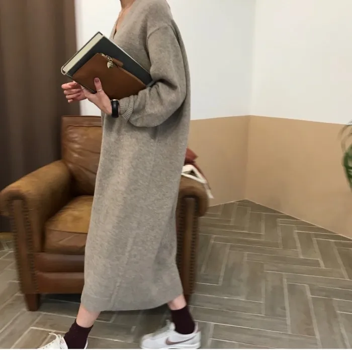 Winter Loose Style Women Dress Elegant Korea Knitted Sweater Dress V Neck Casual Dress