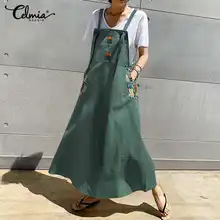  Celmia Women Vintage Apron Dress 2022 Summer Sexy Straps Casual Long Maxi Sundress Printed Pockets Party Vestidos Robe  