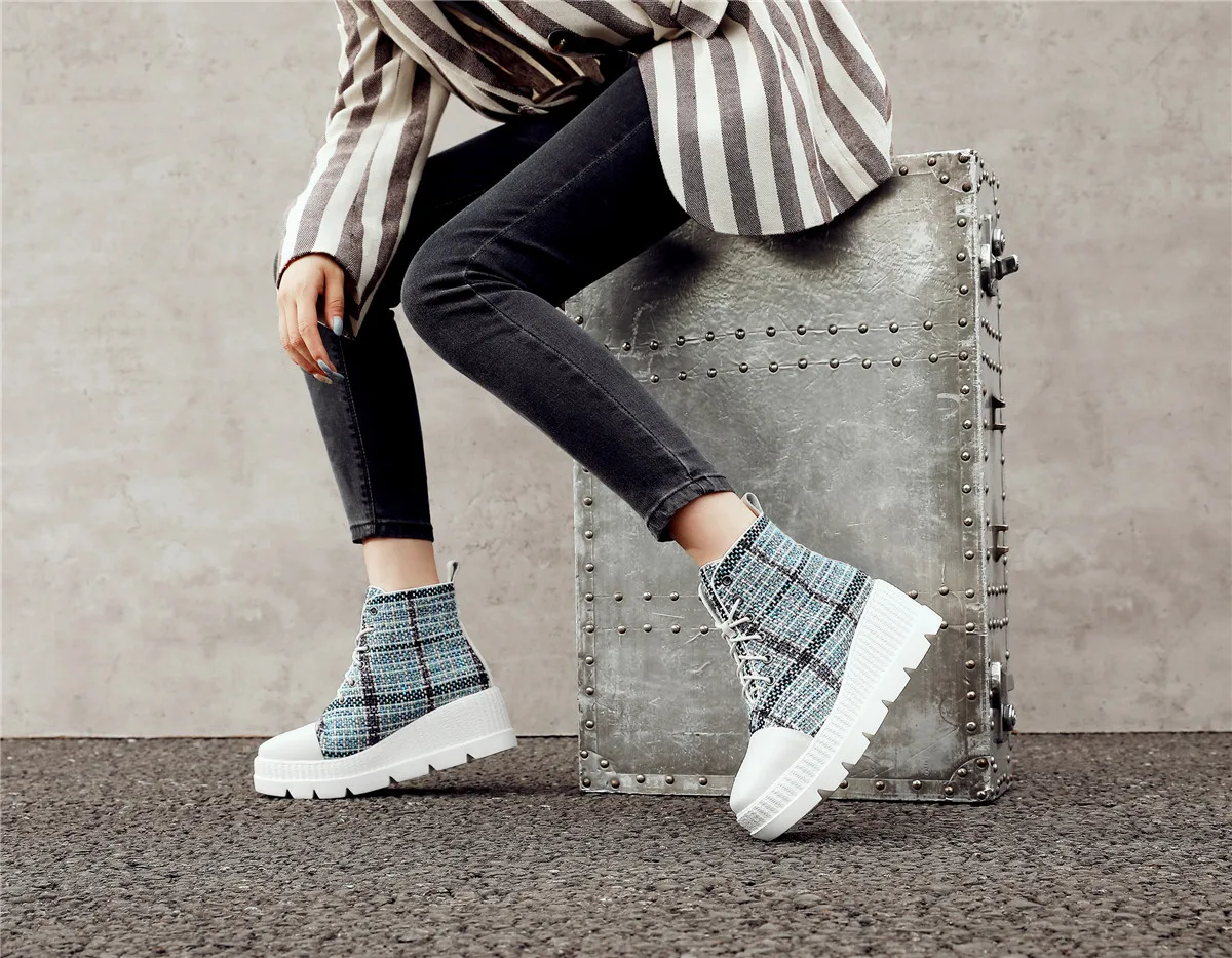 Women's genuine leather fabric patchwork lace-up platform flats ankle boots leisure punk short martin boots high quality shoes