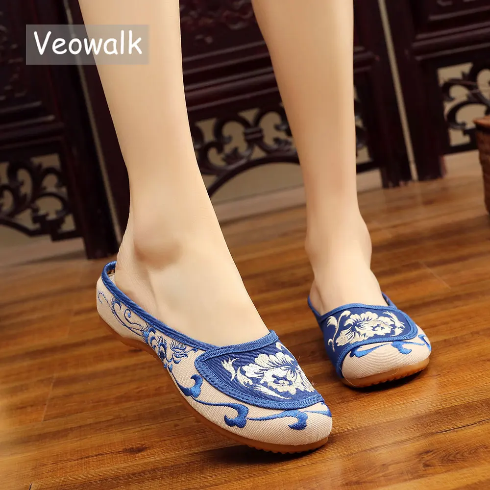 Veowalk Handmade Summer Women Cotton Fabric Slippers Old Peking Flat