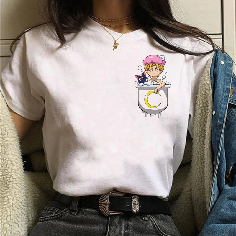 Сейлор Мун футболка Милая женская кошка harajuku ulzzang 90s футболка гранж каваи корейский стиль графическая футболка Женские футболки с принтом